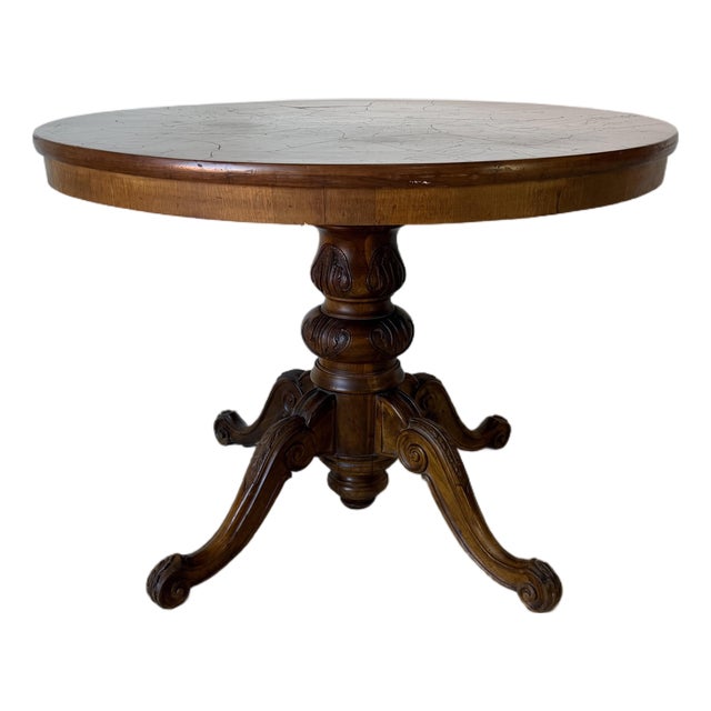 Vintage English Style Round Dining Table With Patchwork Burl Walnut Veneer Top & Carved Pedestal Base For Sale