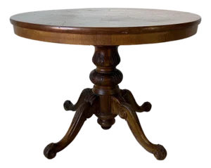 Vintage English Style Round Dining Table With Patchwork Burl Walnut Veneer Top & Carved Pedestal Base