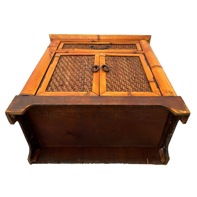 1960s Mid Century Nightstand Cabinet Double Doors Drawer Wicker and Bamboo Petite Size For Sale - Image 10 of 10