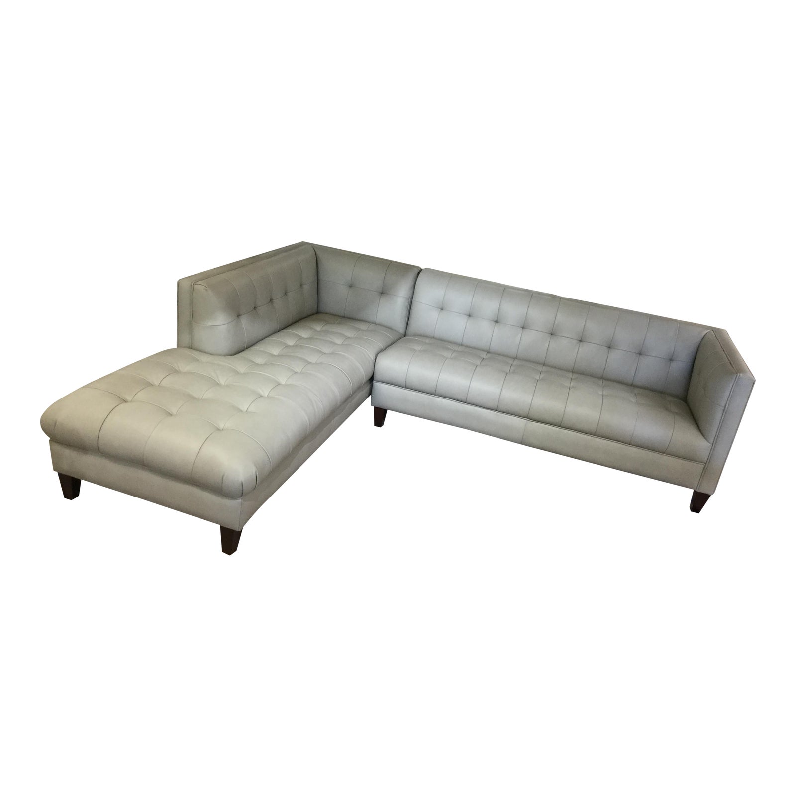 Danish Modern Style Tufted Gray Leather Sectional Sofa W/ Chaise End