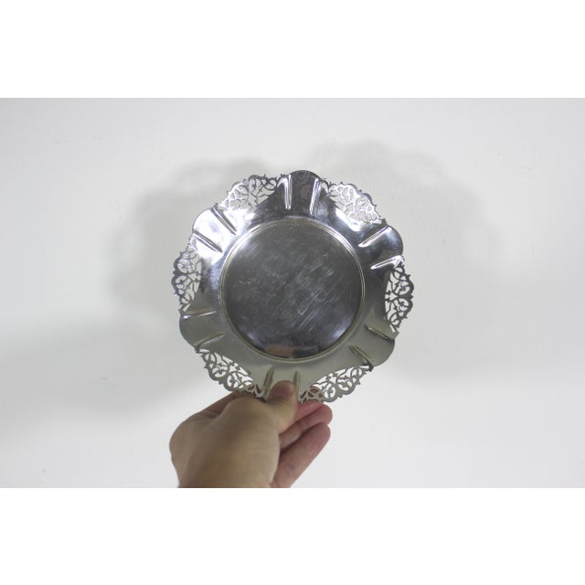 Rogers Bros. Vintage Small Silver Wine Bottle Coaster Tray Ruffled Edge, Round Silver Plated Dish With Pierced Cutout Details Trinket Pillar Candleholder For Sale - Image 4 of 8