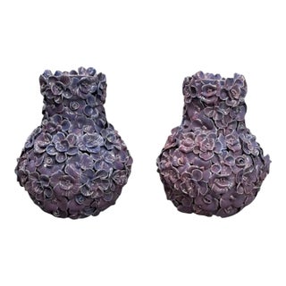 Pair of Vintage Italian Encrusted Floral Ceramic Vases in Dusty Lavender For Sale