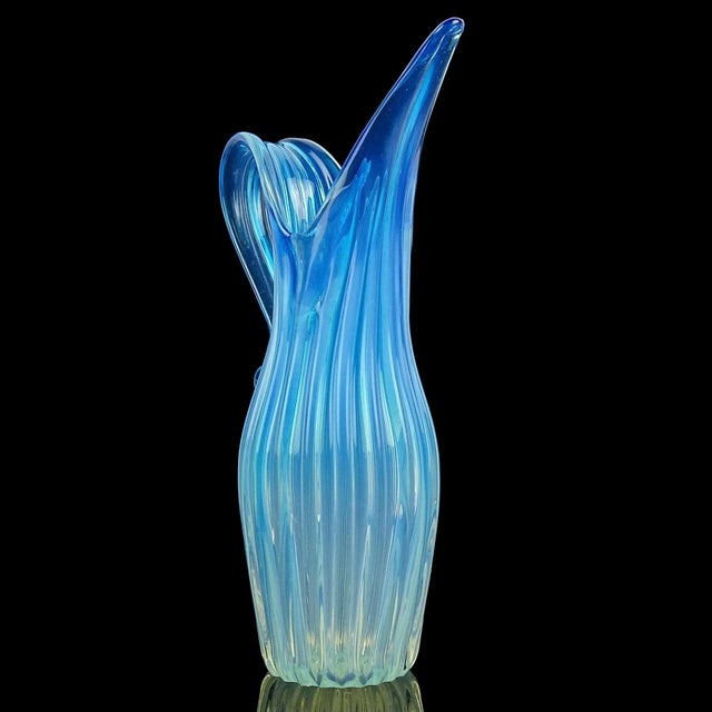 Vintage Murano Fratelli Toso Tall Opalescent Sky Blue White Fade Italian Ribbed Art Glass Pitcher Flower Vase For Sale In Orlando - Image 6 of 10