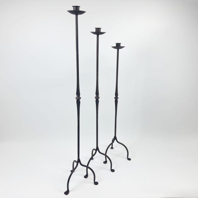 Hand Forged Iron Candelabra Set of 3 (100-120cm) Antique Copper Finish Classic Spindle Node Floor Set For Sale - Image 6 of 7