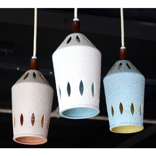 Mid 20th Century Triple Colored Glazed Pierced Pottery Ceramic Shades Pendant Light Fixture For Sale - Image 5 of 7