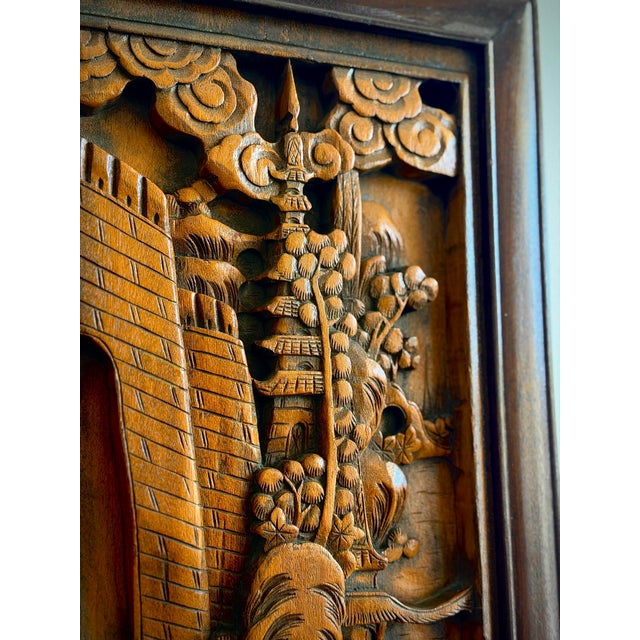 Striking Vintage Chinese Teak Relief Carving Wall Panel Chinoiserie Hollywood Regency Asian Wall Sculpture For Sale In Los Angeles - Image 6 of 12