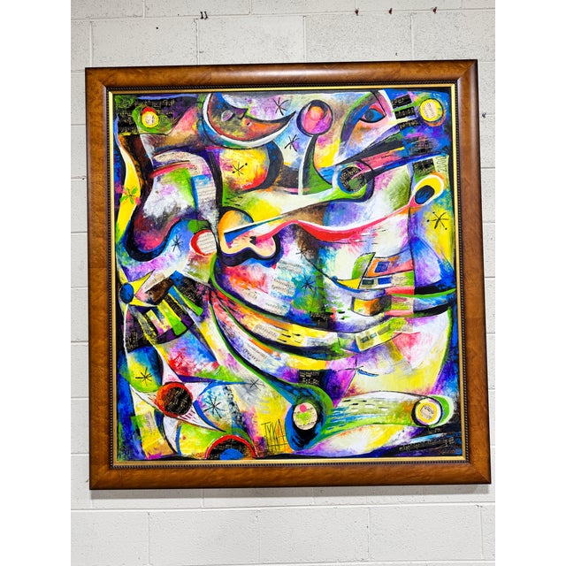 Fabulous large abstract in bright colors. The colors are truly brilliant and bright! Professionally framed canvas. Mixed...