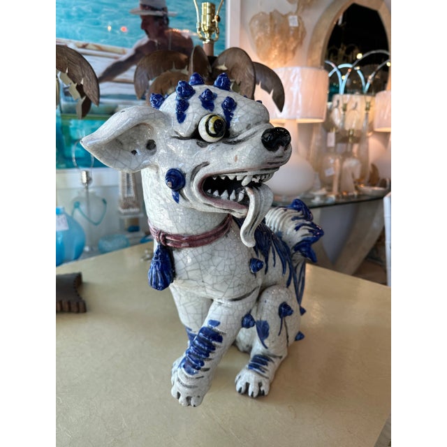 Vintage Oriental Blue & White Large Foo Dog Terracotta Porcelain For Sale - Image 12 of 13