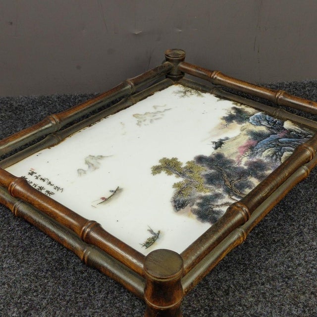 Traditional Vintage Rosewood Bamboo-Form Frame & Porcelain Landscape Tea Tray For Sale - Image 3 of 9