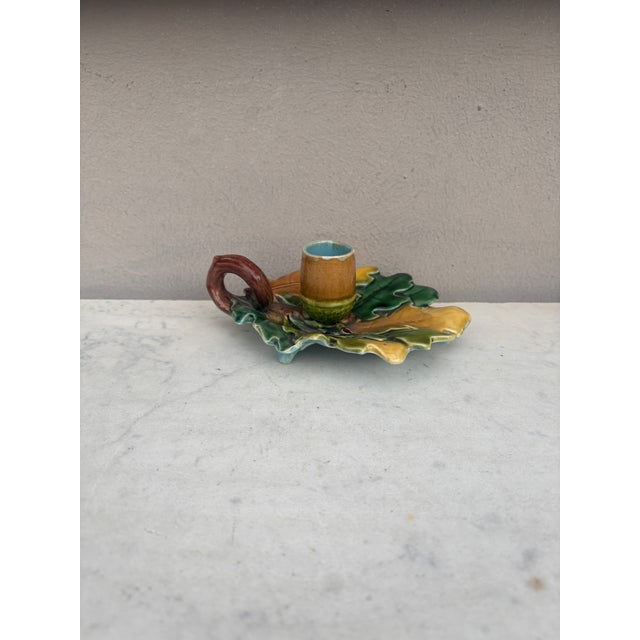 French Country French Majolica Oak Leaves Candelstick Luneville Circa 1890 For Sale - Image 3 of 6