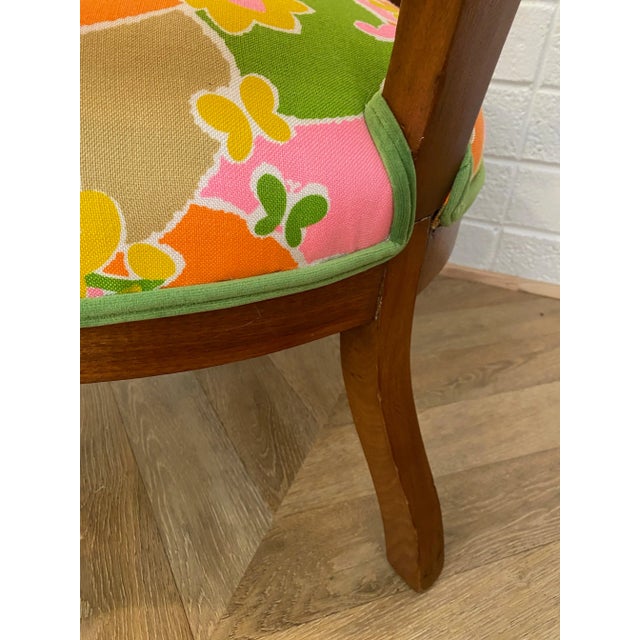 Early 1900s Victorian Wooden Armchair Upholstered in Vintage Colorful Groovy Print Fabric and Green Velvet For Sale - Image 10 of 12