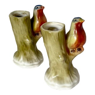 1940s Vintage Czechoslovakia Ceramic Bird on Log Double Bud Vases- a Pair For Sale