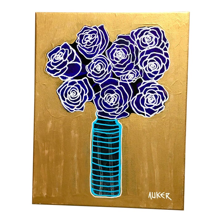 Original Painting on Canvas by CL Auker “Purple Roses on Gold” | Chairish