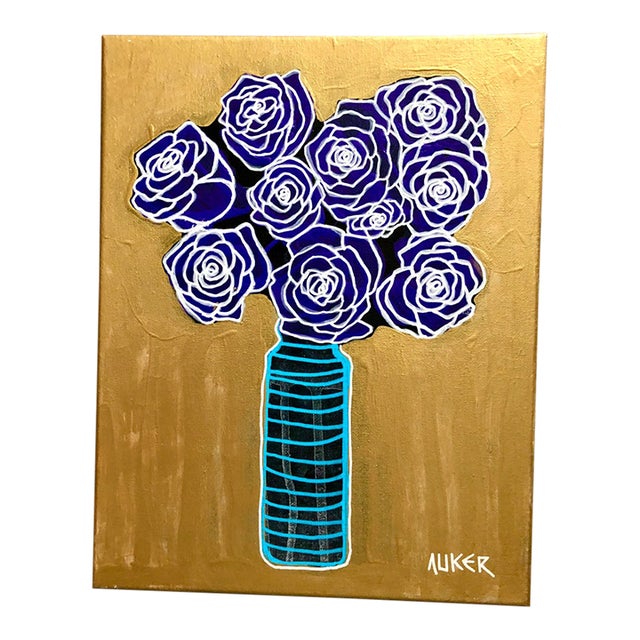 Original Painting on Canvas by CL Auker “Purple Roses on Gold” For Sale