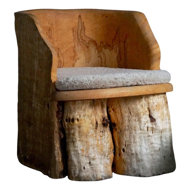 Mid-Century Swedish Brutalist Stump Chair in Wood & Lambswool Seat, 1960s For Sale