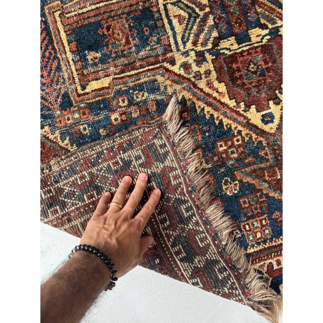 Textile Nomadic Antique Qashqai Gashgai Square Tribal Charm Rug 3.6 x 3.9 For Sale - Image 7 of 8