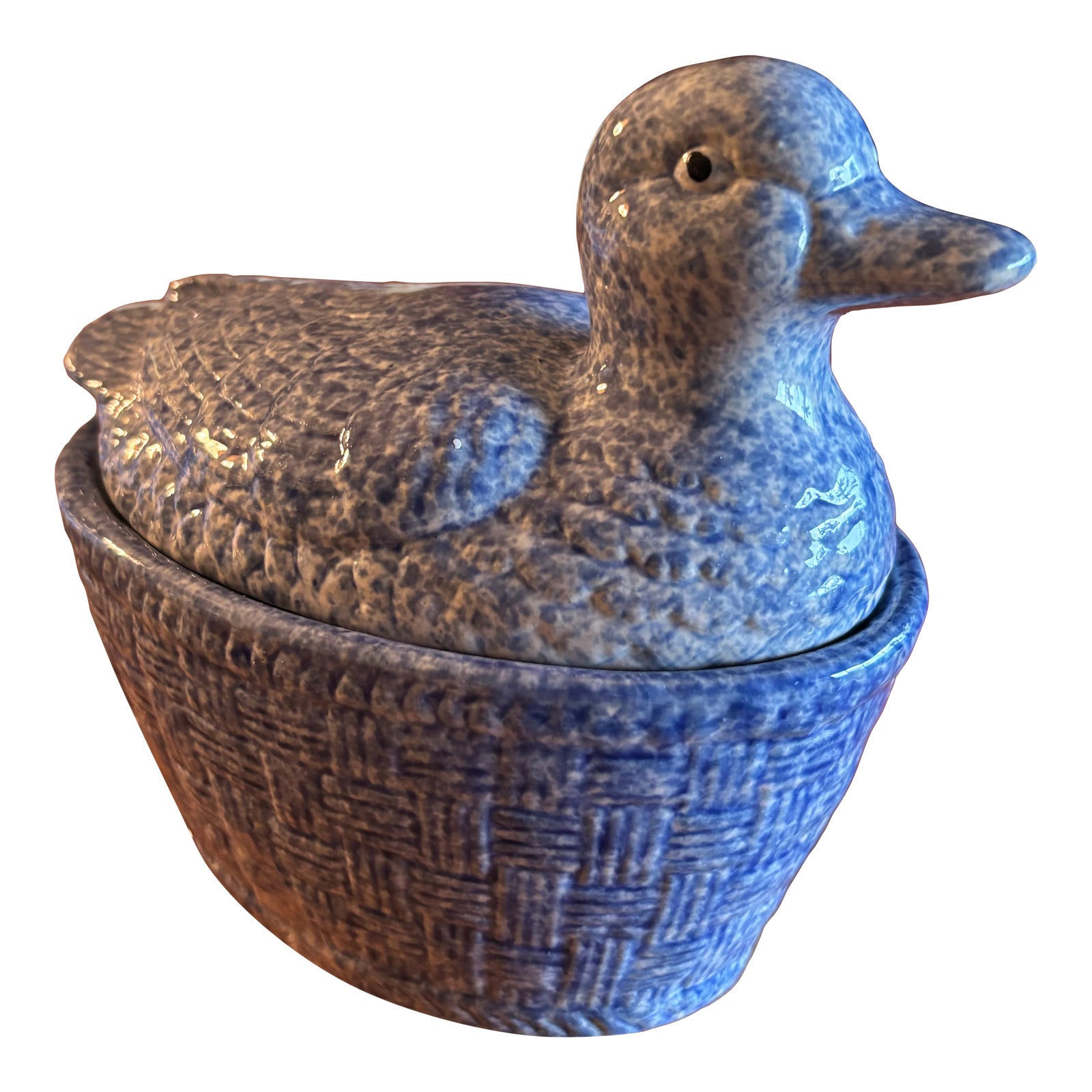 1990s Blue Ceramic Duck Nesting on Basquet Cacerole | Chairish