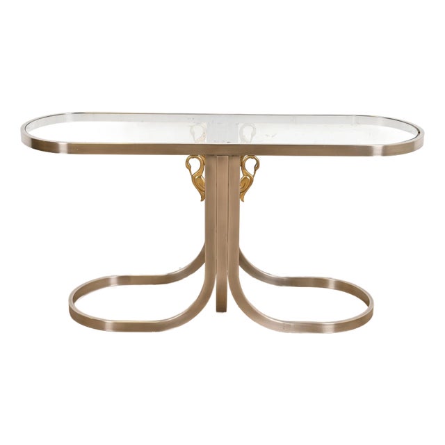 Design Institute America Modern Brushed Steel and Brass Glass Top Swan Console Table For Sale