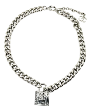 Chanel Silver CC Black Padlock Chain Necklace