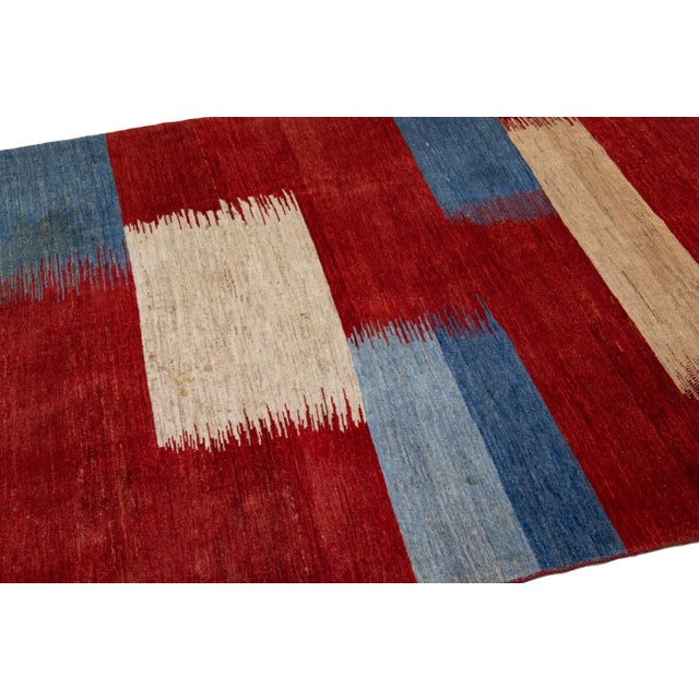Red Red Modern Handmade Shouli Gabbeh Persian Wool Rug With Abstract Motif For Sale - Image 8 of 10