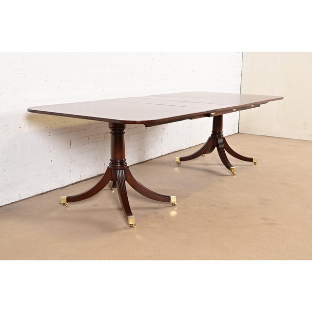Baker Furniture Company Baker Furniture Style Georgian Banded Mahogany Double Pedestal Extension Dining Table, Newly Refinished For Sale - Image 4 of 14