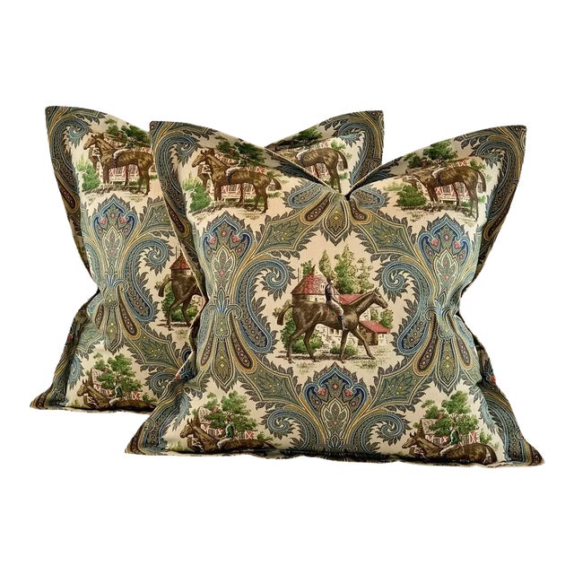 Designer P Kaufmann Teal Tan Green Horse Jockey Equestrian Paisley Toile Pillow Covers- Pair 25" For Sale