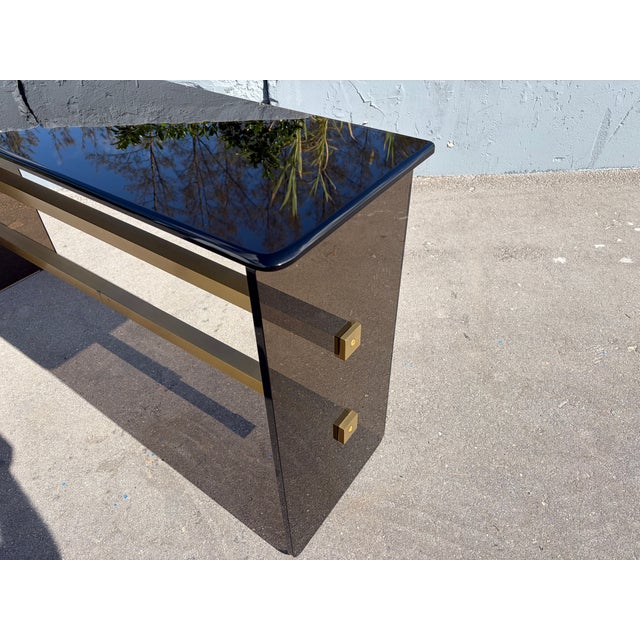 1970s Mid Century Modern Dark Glass and Brass Console Table, Sofa Table For Sale In Miami - Image 6 of 16