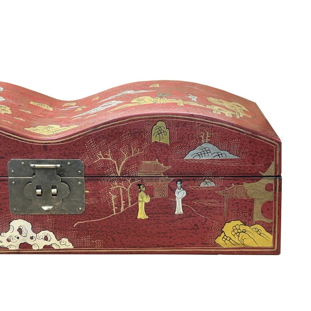 Red Lacquer Chinoiserie-Style Gold Silver Scenery Graphic Rectangular Box For Sale - Image 9 of 13