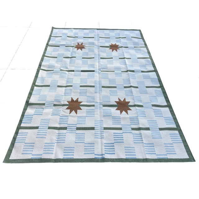 Mid-Century Modern Handmade Cotton Vegetable Dyed Area Rug, Cream, Sky Blue, Sage Green Star Dash Dhurrie-6x9 For Sale - Image 3 of 12
