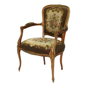 Antique French Louis XIV Style Parcel Gilt Walnut & Floral Tapestry Chair Circa 1920
