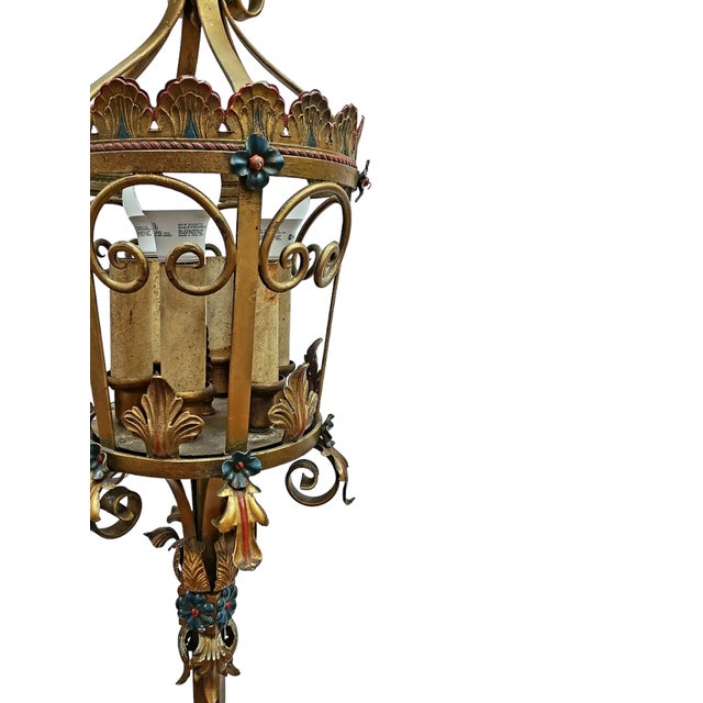 Early 20th Century Early 20th Century Venetian Revival Polychrome Iron Torchiere Lanterns Floor Lamps - Pair For Sale - Image 5 of 12