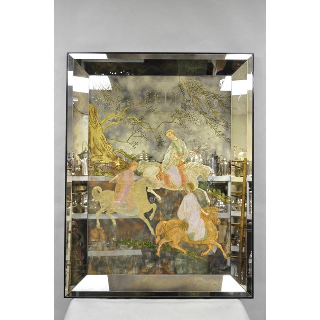 Vintage Chinoiserie Orientalist Verre Eglomise Smoked Glass Reverse Painted Figural Wall Mirror Depicting Asian Female...