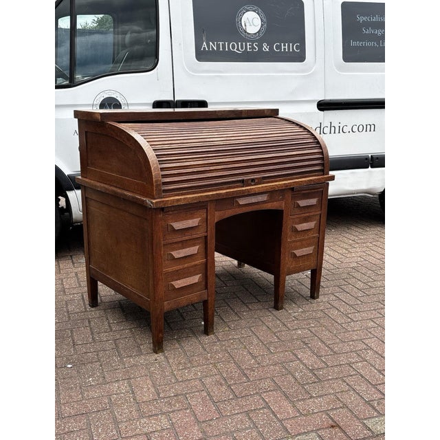 Edwardian Oak Roll Top Desk For Sale - Image 4 of 15