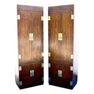 1970s Henredon Scene One Walnut Campaign Style Display Storage Cabinets, Pair For Sale