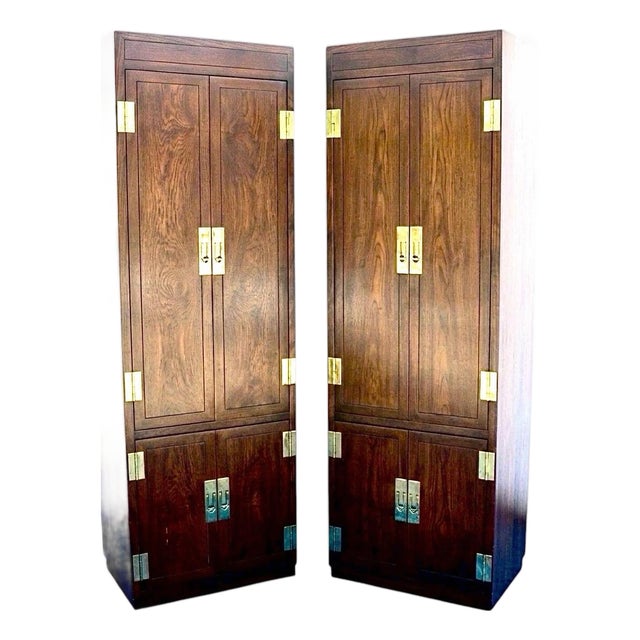 1970s Henredon Scene One Walnut Campaign Style Display Storage Cabinets, Pair For Sale