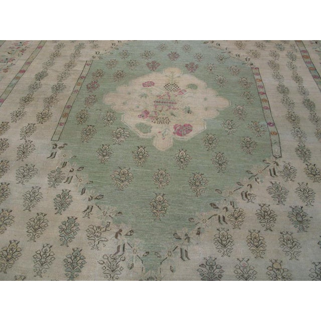 1880s Beige Floral Medallion Antique Turkish Oushak Ghiordes Rug 13' X 14'6" Handknotted Wool Carpet For Sale - Image 4 of 7