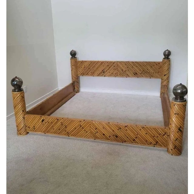 Amazing and rare bamboo reed in chevron design king size bed with oversized brass orb finials attributed to Marcello...