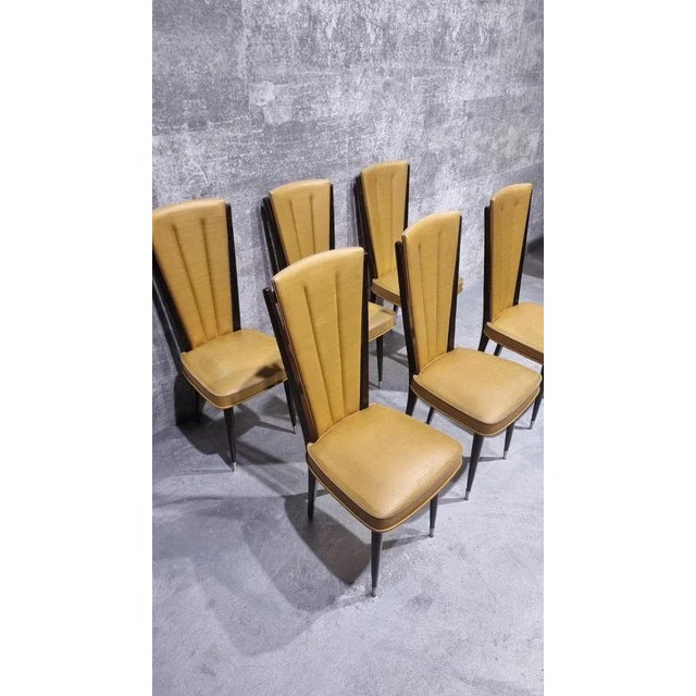 Mid-Century Dining Chairs in Gold Vinyl & Macassar by N.F.Ameublement, 1950s, Set of 6, in Very Good conditions. Designed...