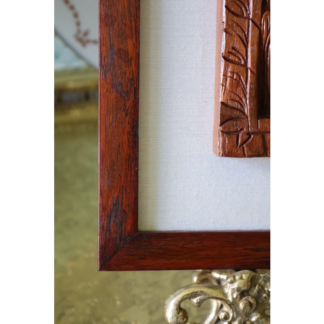 Vintage Southeast Asian Carved Teak Elephant & Temple Relief on Silk For Sale - Image 15 of 16