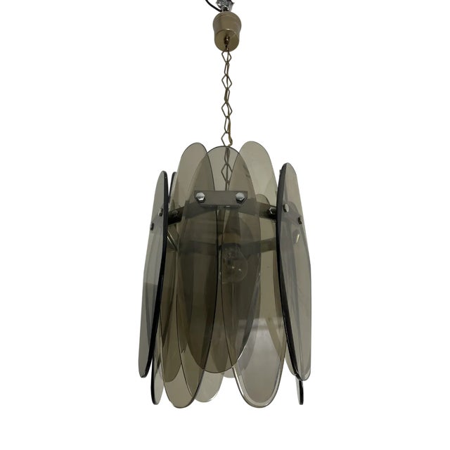 Mid-Century Smoked Glass Chandelier with 12 Petals in the style of Max Ingrand, 1960s For Sale