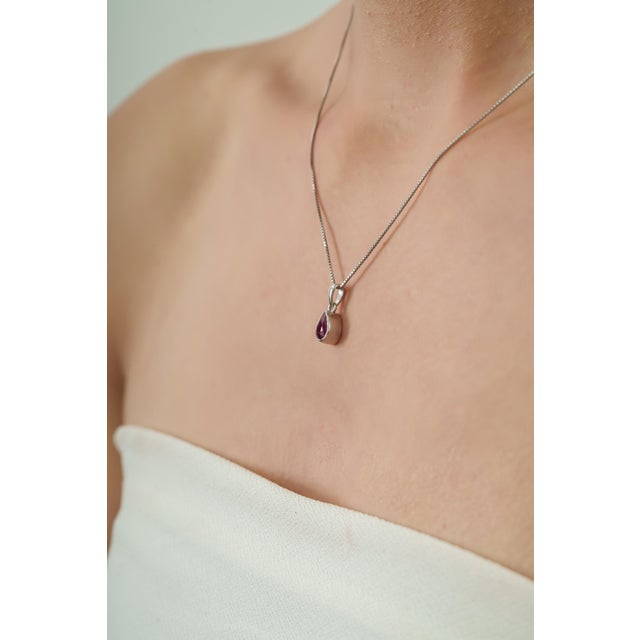 Ruby Red Dainty Pear Cut 0.82 Ct Ruby Bezel Set Solitaire Pendant in 925 Sterling Silver For Sale - Image 8 of 12
