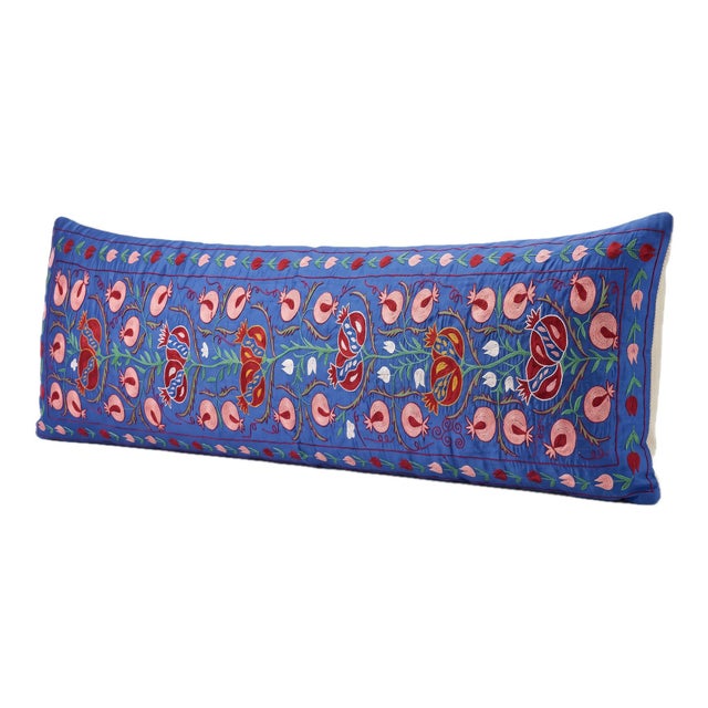 Mid-Century Modern Blue Pomegranate Suzani Lumbar Pillow Cover 18'' X 74'' For Sale - Image 3 of 4