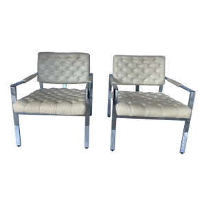 1970s Vintage Midcentury Milo Baughman Chrome Lounge Chairs - Pair