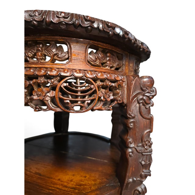 Companion Pair of Late Qing Dynasty–Early Republic Era Cantonese Carved Hardwood Marble-Top Stands For Sale In Austin - Image 6 of 14