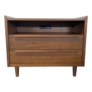 Crate & Barrel Tate Mid-Century Modern Two Drawer Nightstand With Charging Station For Sale