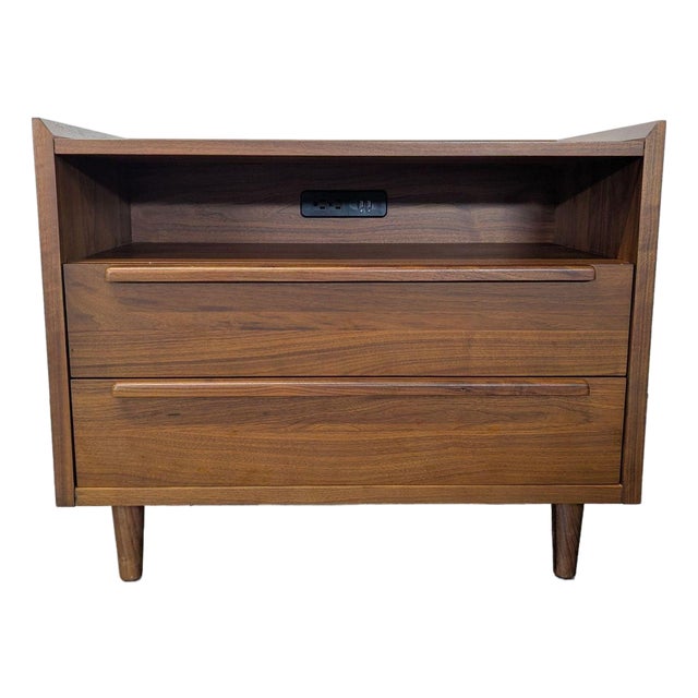 Crate & Barrel Tate Mid-Century Modern Two Drawer Nightstand With Charging Station For Sale