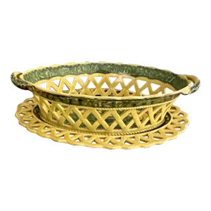Antique 19th Century English Staffordshire Pottery Yellow Ground Oval Chestnut Basket and Stand