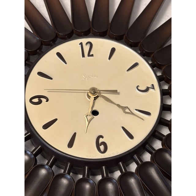 Mid-Century Modern Vintage Syroco Sunburst Danish Mid Century Modern Nordic Wall Clock Made Usa For Sale - Image 3 of 6