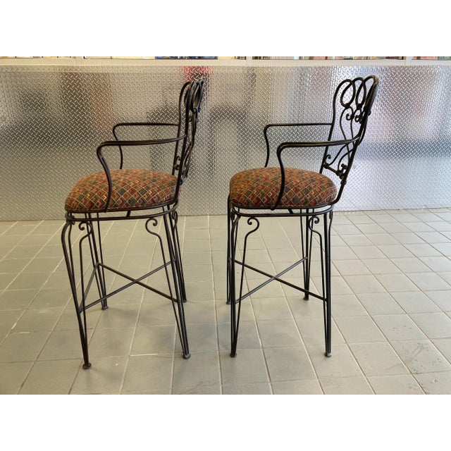 American Late 20th Century Ethan Allen Wrought Iron Bar Height Counter Stools - a Pair For Sale - Image 3 of 12