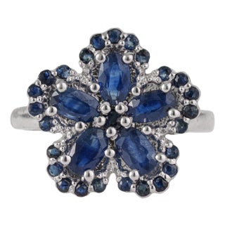 Vintage Style 2.28 Ct Natural Sapphire Floral Cluster Ring, Size 4 For Sale